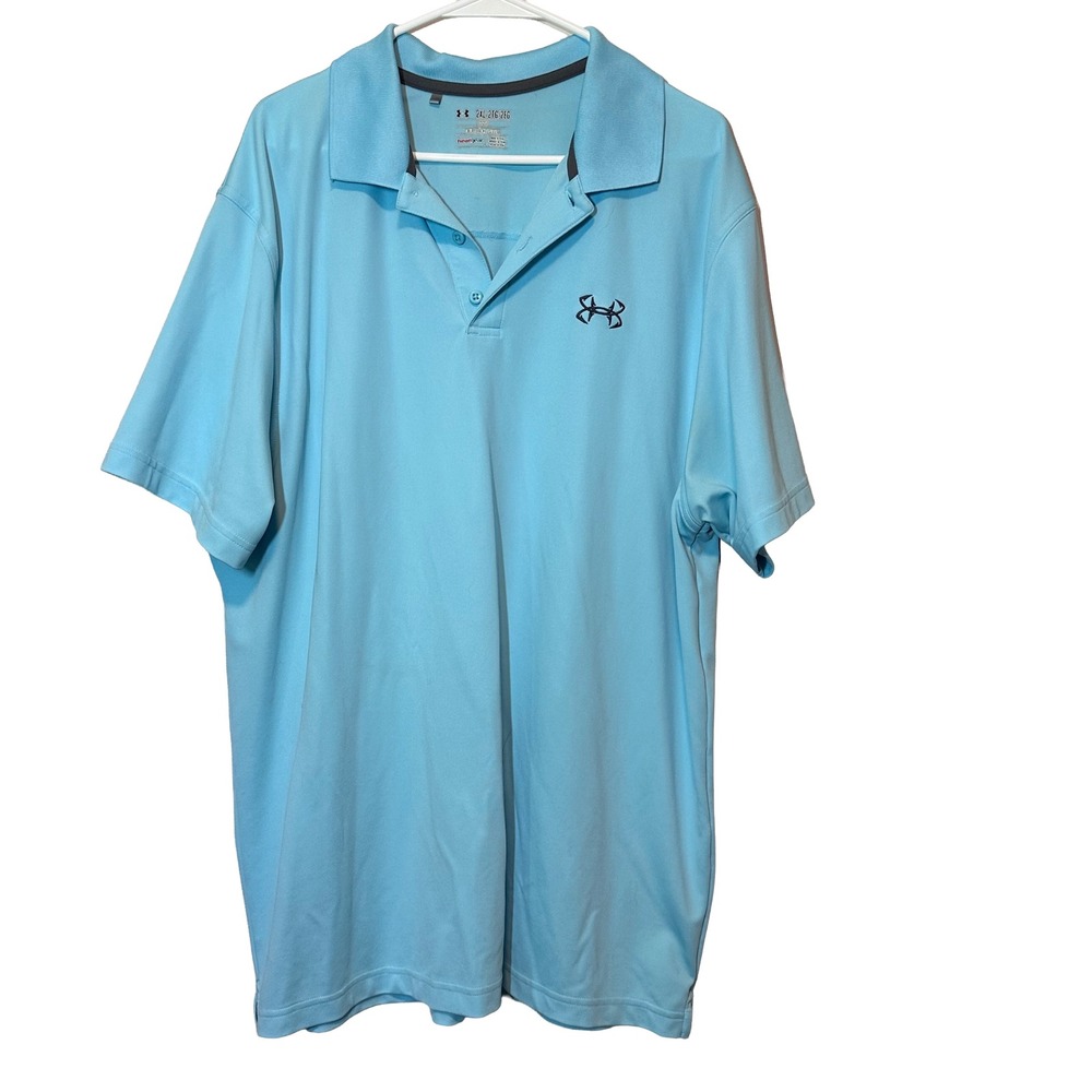 Under Armour Mens 2XL HeatGear Polo Shirt Light Blue Fish Hook Logo Loose Fit